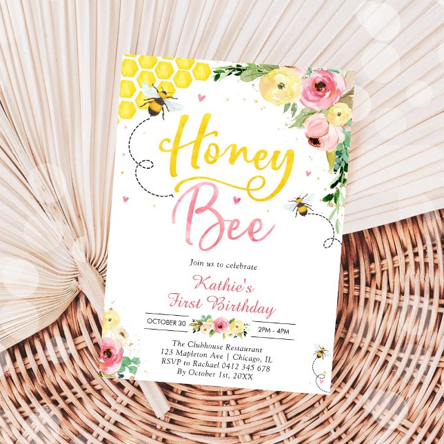 Invitation d'anniversaire de 1 an de abeille à mie (Créateur téléchargé)