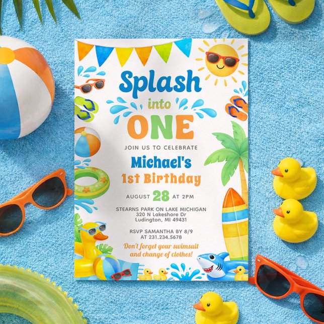Invitation d'anniversaire de 1 an d'été - Plongez  (Summer Beach Pool Party 1st Birthday Invitation)