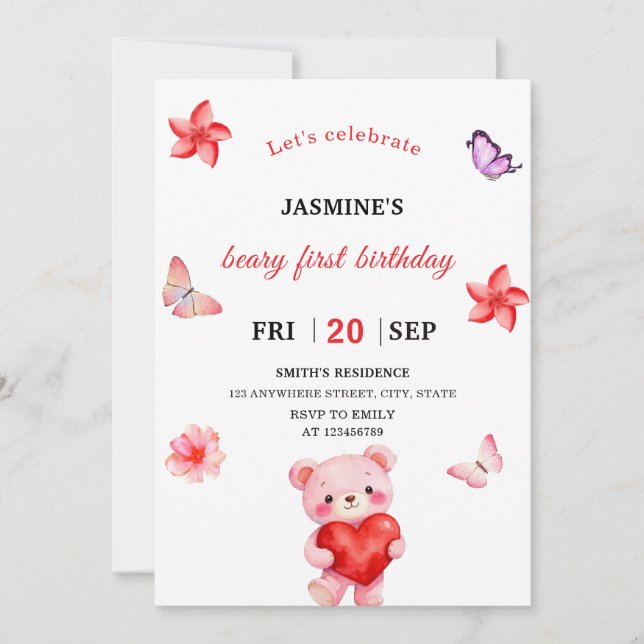 Invitation d'anniversaire de 1 an fille ours en aq (Devant)