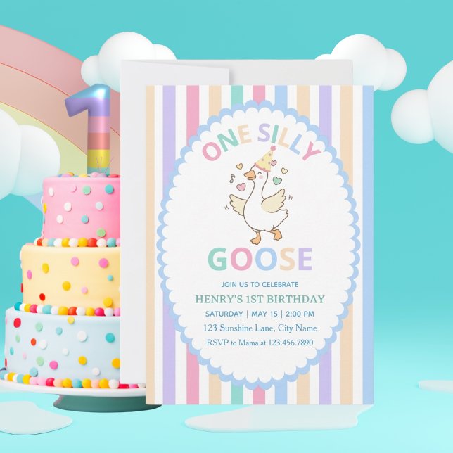 Invitation d'anniversaire de 1 an "One Silly Goose (Whimsical "One Silly Goose" 1st birthday invitations. Adorable pastel style. Personalize yours today)