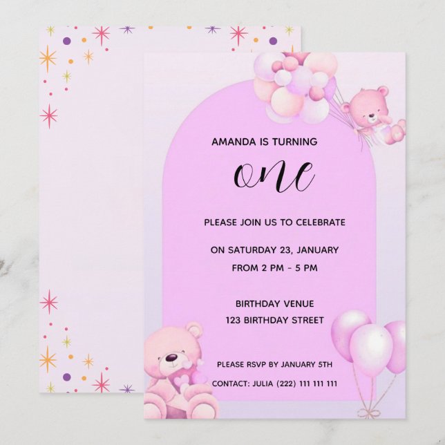 Invitation d'anniversaire de 1 an Ourson Rose Viol (Devant / Derrière)