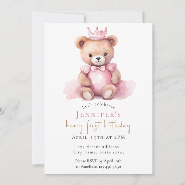 Invitation d'anniversaire de 1 an pour fille au th (Devant)