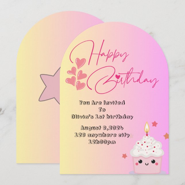 Invitation d'anniversaire de 1 an pour filles en r (Devant / Derrière)
