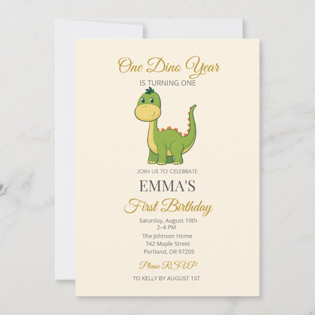 Invitation d'anniversaire de 1ère année de dinosau (Devant)