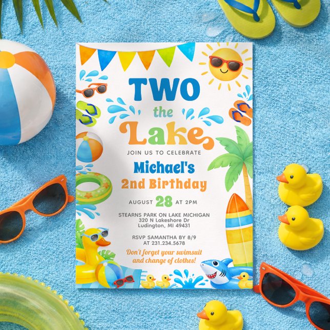 Invitation d'anniversaire de 2 ans d'été - Deux au (Boy 2nd Birthday Invitation - Two the Lake - Summer Party)