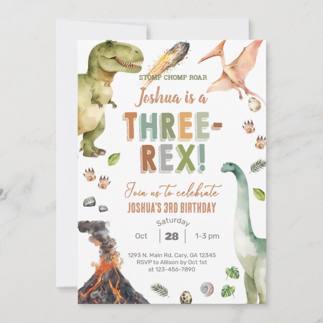 Invitation d'anniversaire de 3 ans pour garçon Din (Devant)