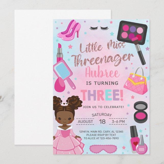 Invitation d'anniversaire de 3 ans pour une fillet (Devant / Derrière)