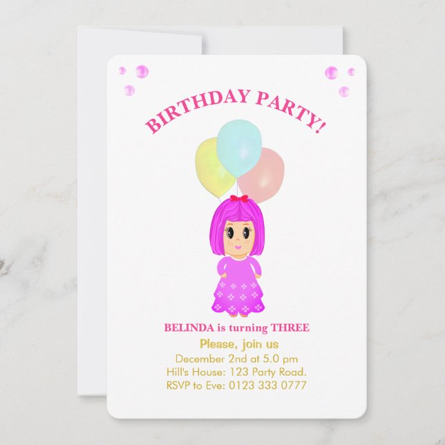 Invitation d'anniversaire de 3 ans pour une jolie  (Devant)