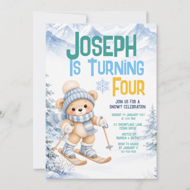 Invitation d'anniversaire de 4 ans pour un ours de (Devant)