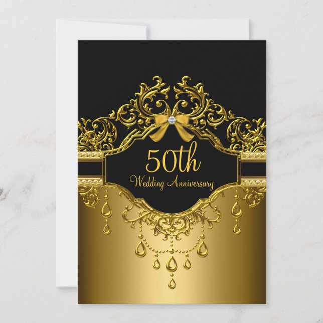 Invitation d'anniversaire de 50 ans en damas or et (Devant)