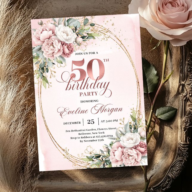 Invitation d'anniversaire de 50 ans en or rose raf (Refined Rose Gold Greenery 50th Birthday Invite)