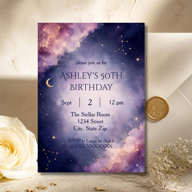 Invitation d'anniversaire de 50 ans étoilée de lux (Luxury celestial invitation featuring elegant galaxy artwork for a memorable 50th birthday.)