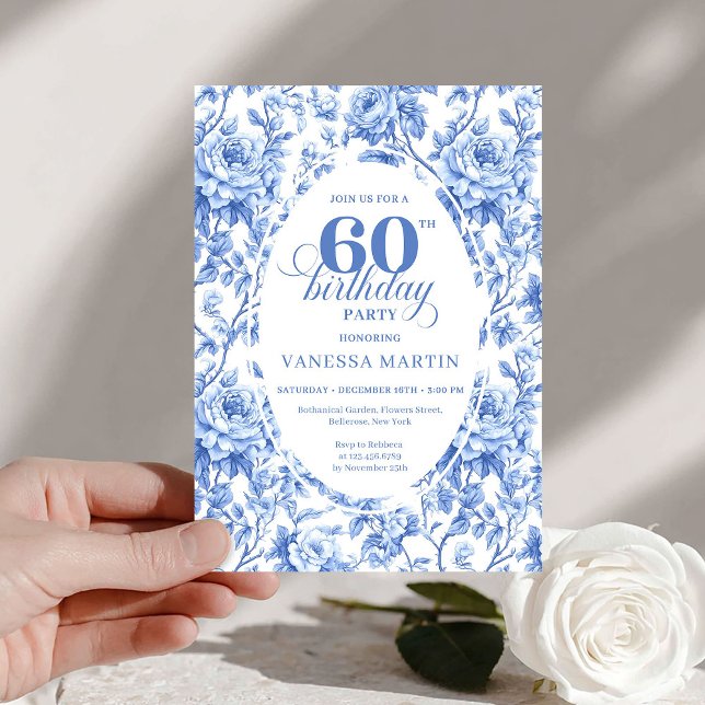Invitation d'anniversaire de 60 ans Chic Royal Blu (Chic Royal Blue Toile Roses 60th Birthday Invite PDF

)