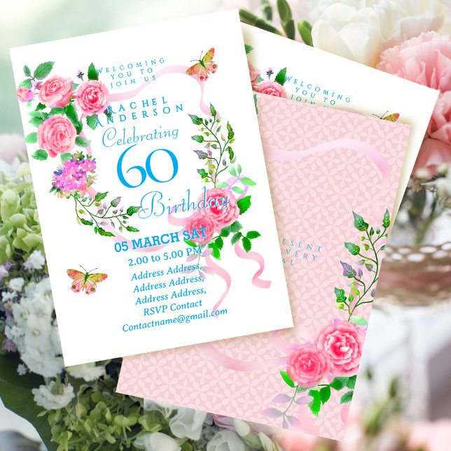 Invitation d'anniversaire de 60 ans Ruban Rose Ros (Pink Rose Ribbon 60th Birthday Invitation)