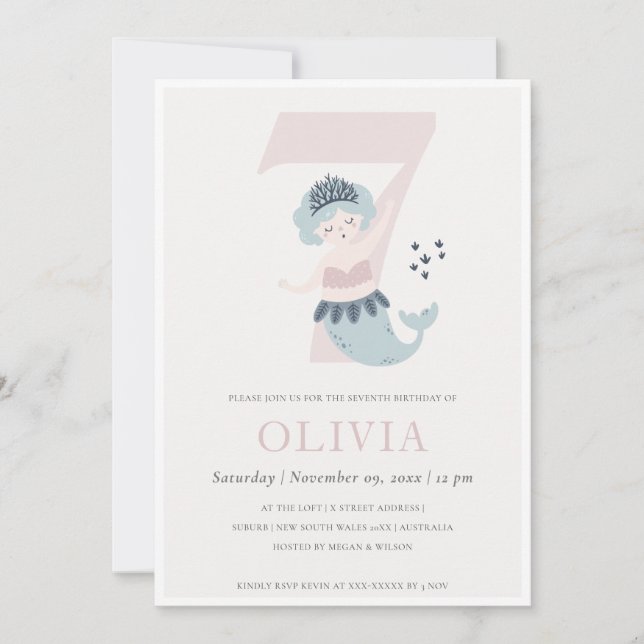 Invitation d'anniversaire de 7 ans de petite sirèn (Devant)