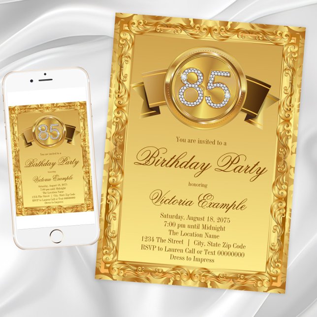 Invitation d'anniversaire de 85 ans de femme Tourb (85th birthday party invitation with diamond numbers on a beautiful gold background. )