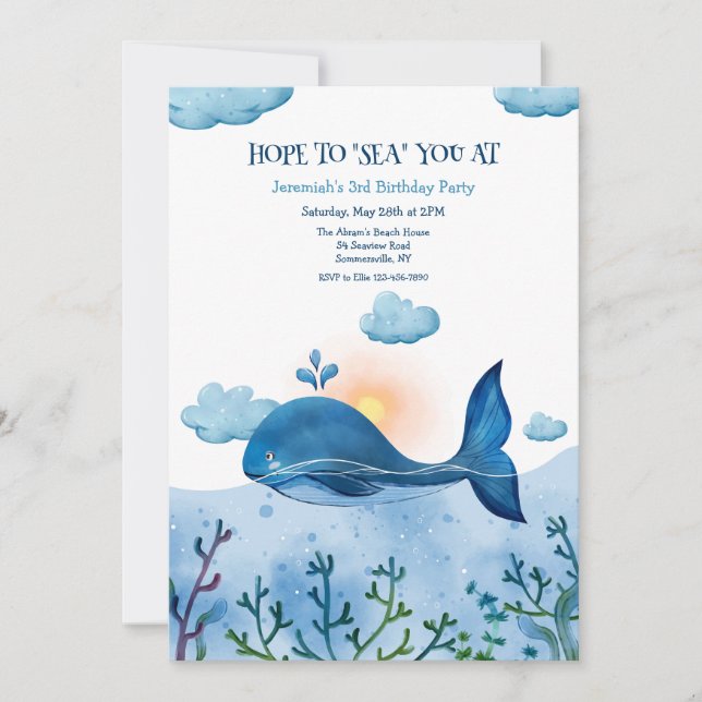 Invitation d'anniversaire de baleine bleue (Devant)