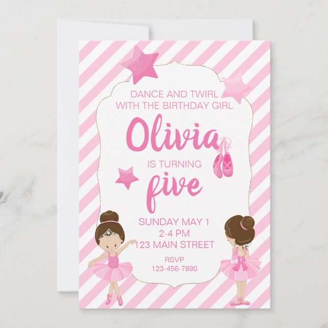 Invitation d'anniversaire de ballerine avec des ra (Devant)