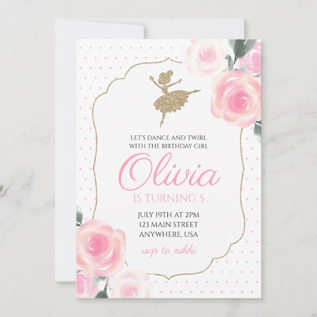 Invitation d'anniversaire de ballerine florale (Devant)