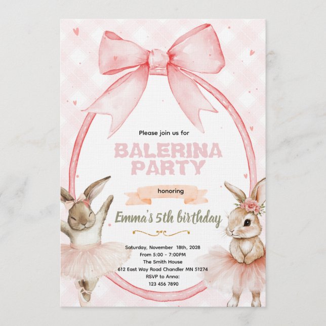 Invitation d'anniversaire de Ballerine Lapin (Devant)