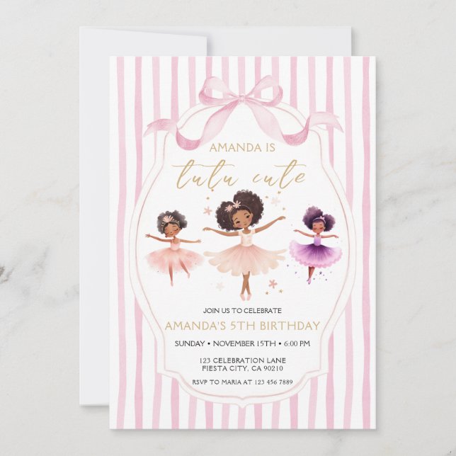 Invitation d'anniversaire de ballerine mignonne av (Devant)