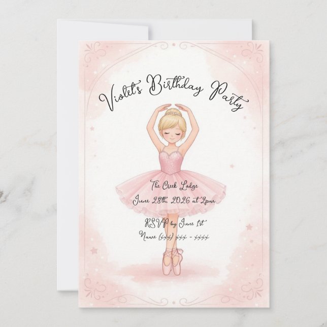 Invitation d'anniversaire de ballerine rose (Devant)