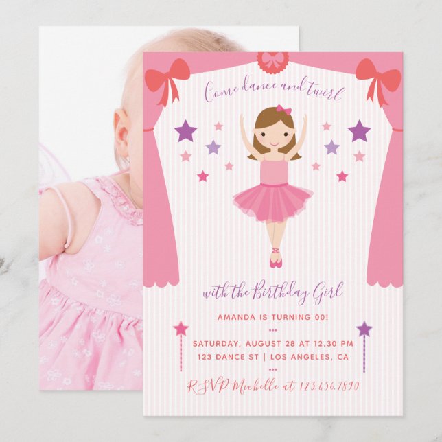 Invitation d'anniversaire de ballerine rose mignon (Devant / Derrière)