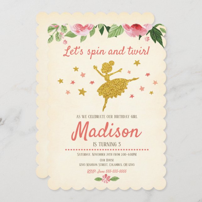 Invitation d'anniversaire de ballerine / Vintage / (Devant / Derrière)