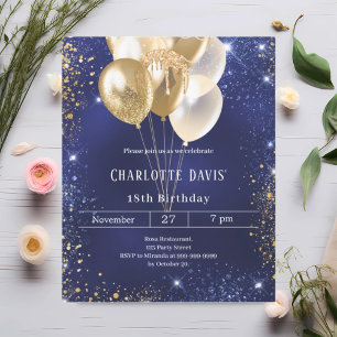 Invitation d'anniversaire de ballons d'or bleu mar