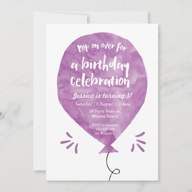 Invitation d'anniversaire de ballons en violet (Devant)
