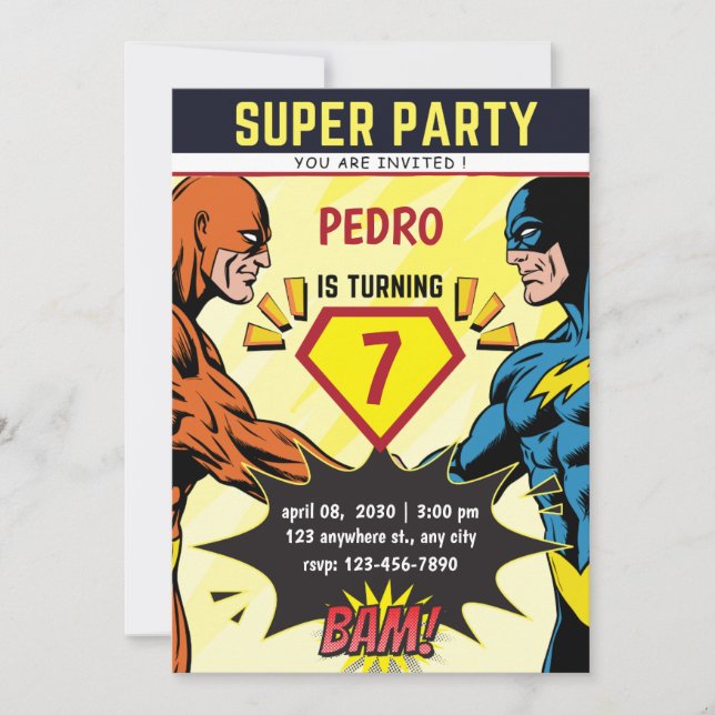 Invitation d'anniversaire de bande dessinée de sup (Devant)