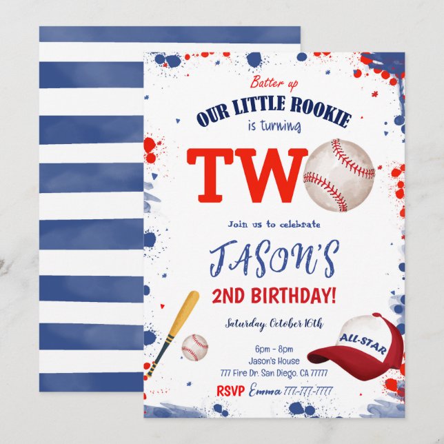 Invitation d'anniversaire de baseball 2 ans (Devant / Derrière)