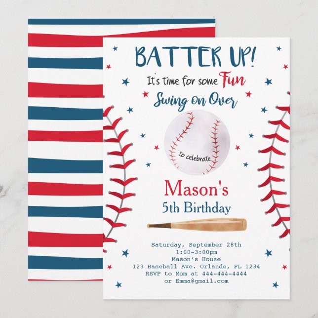 Invitation d'anniversaire de baseball Battez la ba (Devant / Derrière)