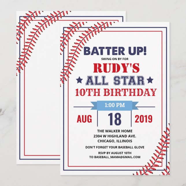 Invitation d'anniversaire de baseball - TOUS ÂGES (Devant / Derrière)