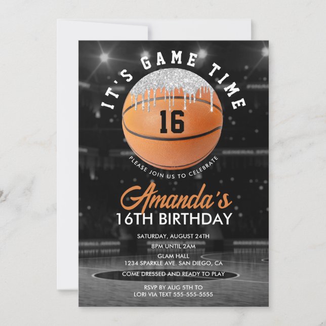 Invitation d'anniversaire de basketball Orange et  (Devant)