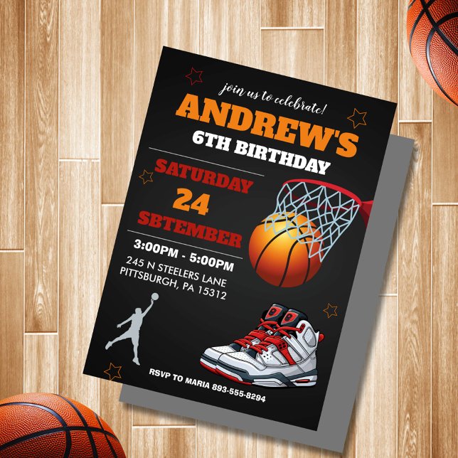 Invitation d'anniversaire de basketball Orange Noi (modern black and orange bascketball birthday invitation)