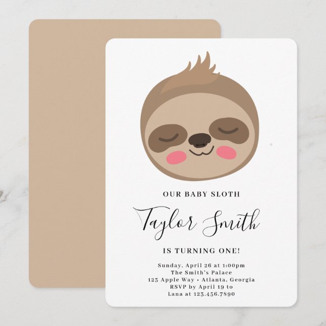Invitation d'anniversaire de bébé paresseux mignon (Devant / Derrière)