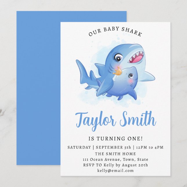 Invitation d'anniversaire de bébé requin mignon (Devant / Derrière)