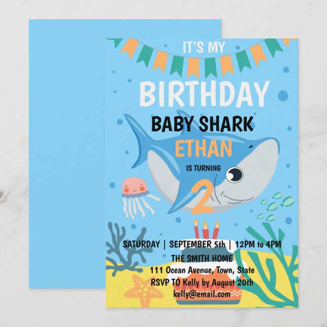 Invitation d'anniversaire de bébé requin mignon (Devant / Derrière)