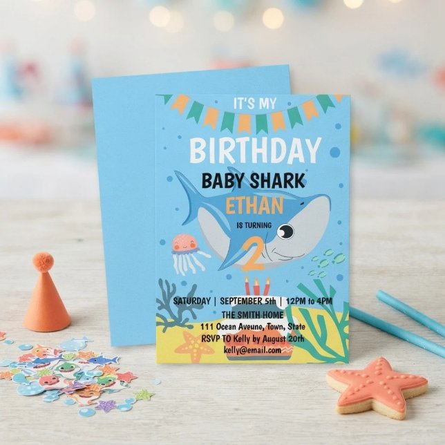 Invitation d'anniversaire de bébé requin mignon (Créateur téléchargé)