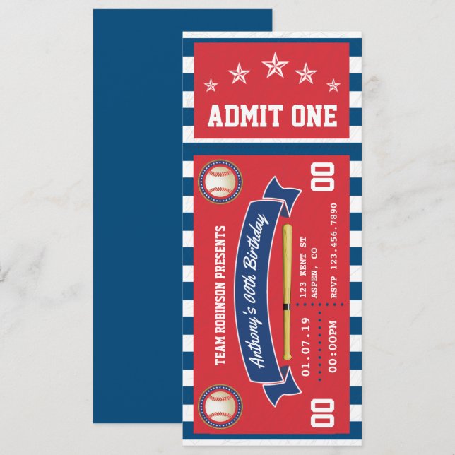 Invitation d'anniversaire de billet de baseball (Devant / Derrière)