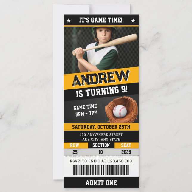 Invitation d'anniversaire de billet de baseball pe (Devant)