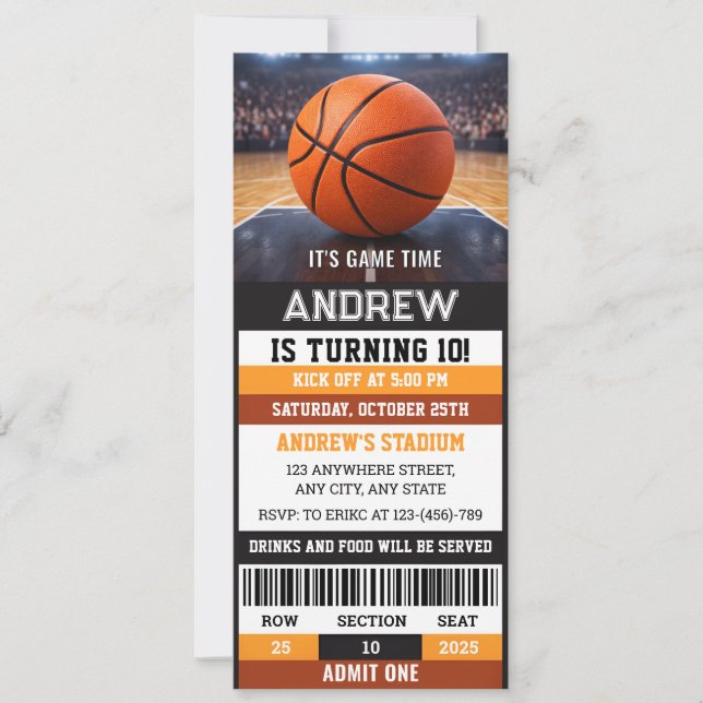 Invitation d'anniversaire de billet de basket-ball (Devant)