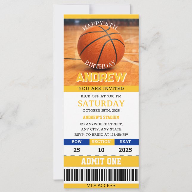 Invitation d'anniversaire de billet de basket-ball (Devant)
