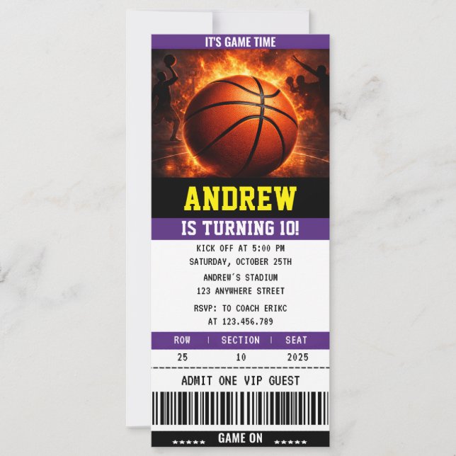 Invitation d'anniversaire de billet de basketball  (Devant)