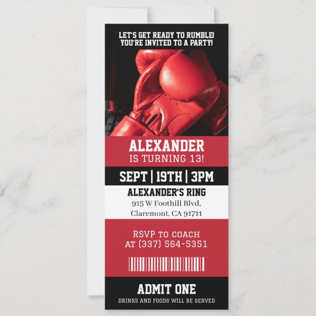 Invitation d'anniversaire de billet de boxe (Devant)
