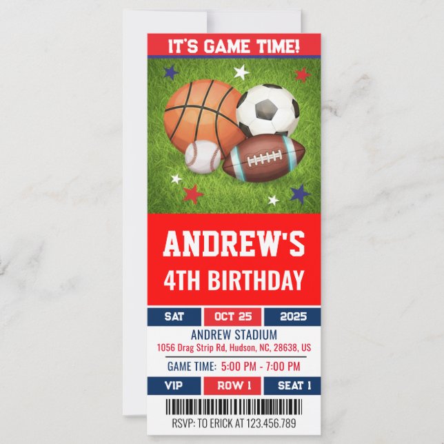 Invitation d'anniversaire de billet de sport de to (Devant)