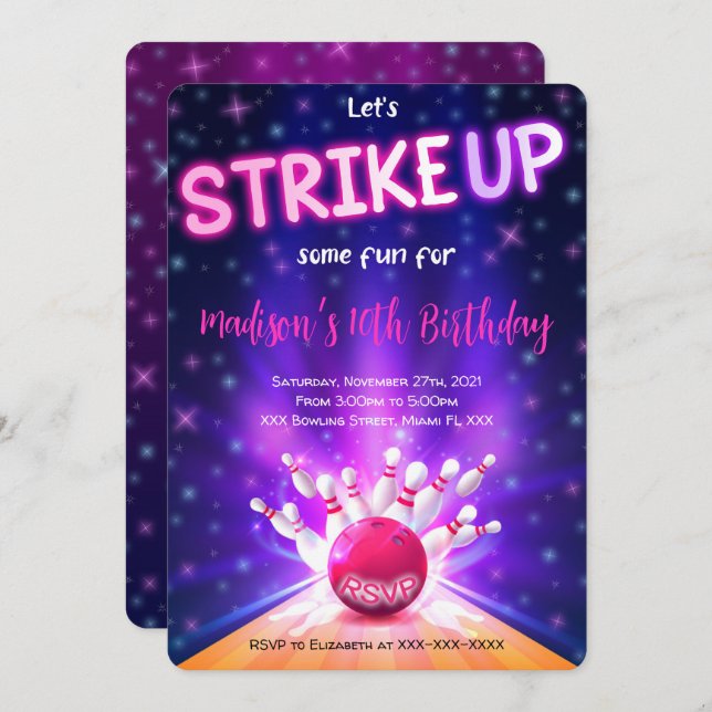 Invitation d'anniversaire de Bowling (Devant / Derrière)