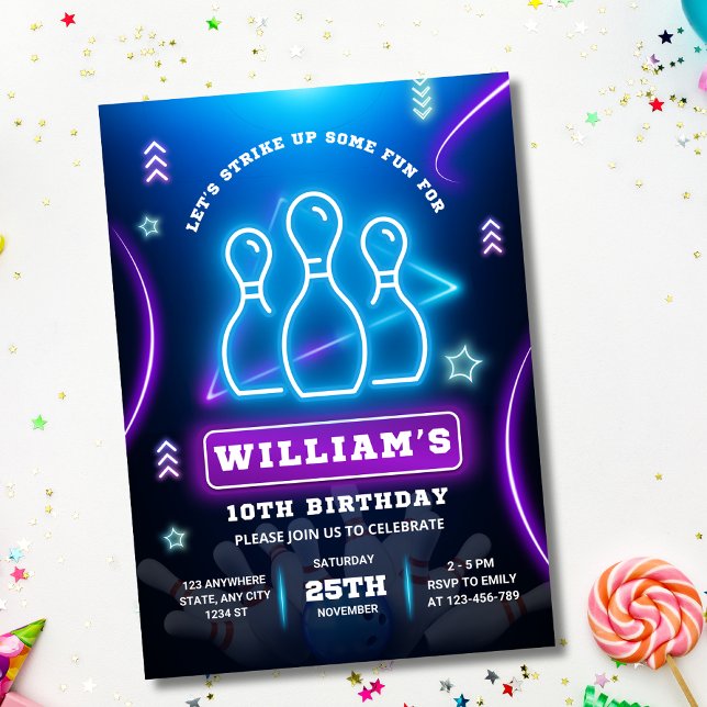 Invitation d'anniversaire de bowling, Fête néon lu (Créateur téléchargé)