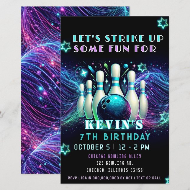 Invitation d'anniversaire de bowling néon Budget S (Devant / Derrière)